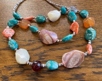 Multi Gemstone and Shell Beaded necklace - Vintage Multi Gemstone & Oyster Necklace