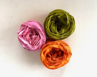 Sari Silk Ribbon - Recycled Sari Silk Ribbon - Pink, Bright Olive & Tangerine -  5 Yds Each, 15 Yds Total