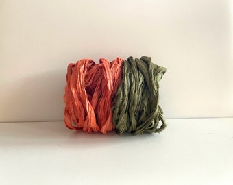 Sari Silk Ribbon - Recycled Sari Silk Ribbon - Pumpkin & Olive, 5 Yards Each, 10 Yards Total