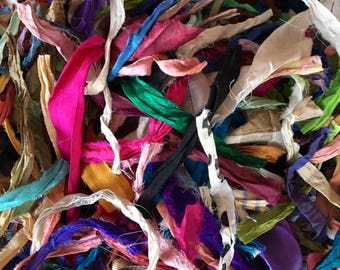 Recycled Sari Silk Ribbon Short Scraps - Multi Colored Sari Ribbon Remnants, Journaling Ribbon