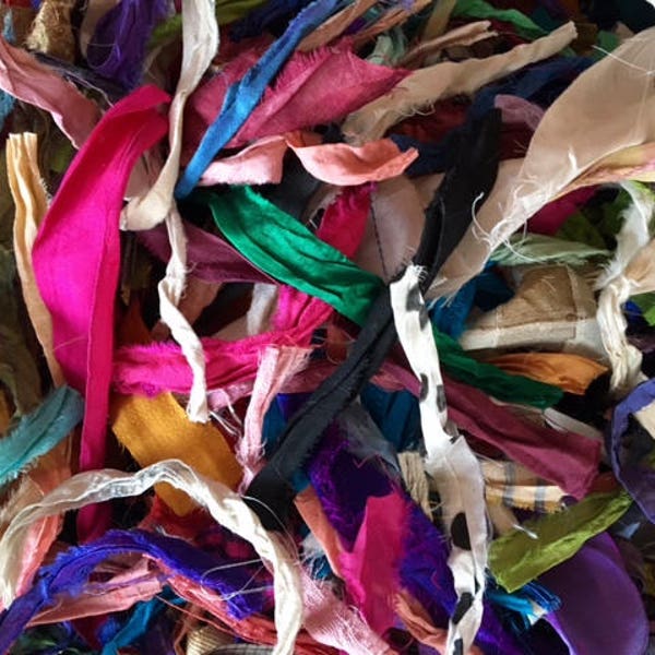 Recycled Sari Silk Ribbon Short Scraps - Multi Colored Sari Ribbon Remnants, Journaling Ribbon