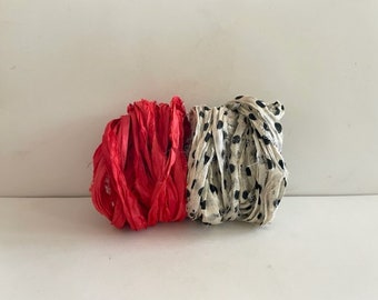 10 Yards Sari Silk Ribbon - Recycled Sari Silk Ribbon - Red & Polka Dot, 5 Yards Each Color