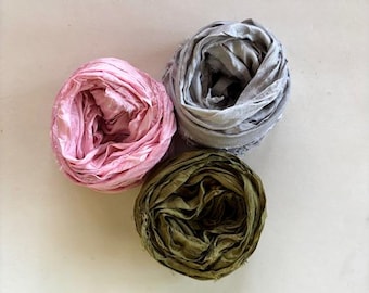 Sari Silk Ribbon - Recycled Sari Silk Ribbon - Pink, Gray & Olive, 5 Yards Each, 15 Yards Total