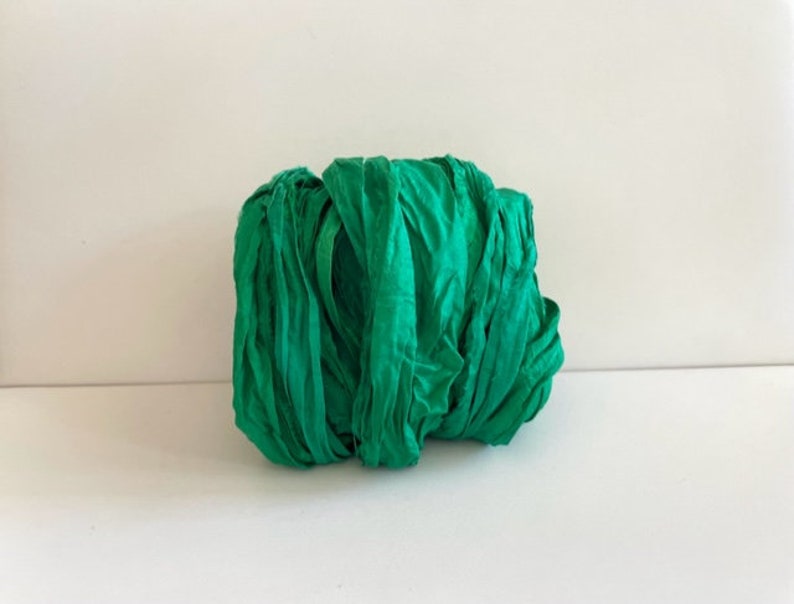 Sari Silk Ribbon Recycled Sari Silk Ribbon Emerald Green, 10 Yards Mixed Media Ribbon image 1