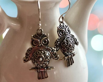 Sterling Silver Owl Earrings - Sterling Silver Earrings - Bird Jewelry