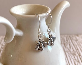 Honey Bee Drop Earrings - Small Silver Bee Earrings - Earrings For Girls -