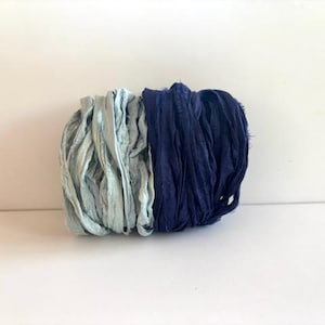 Sari Silk Ribbon - Recycled Sari Silk Ribbon - Light Blue & Navy, 5 Yds Each, 10 Yds Total