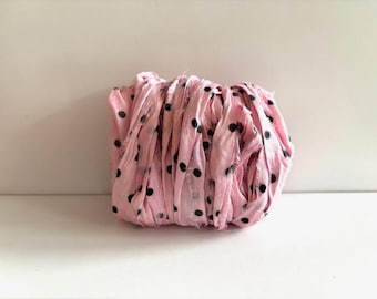 10 Yards Sari Silk Ribbon- Recycled Sari Silk Ribbon - Pink Polka Dot, 10 Yards
