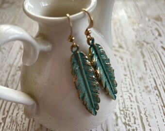 5.00 Dollar Earrings - Feather Drop Earrings - Green Patina Feather Earrings