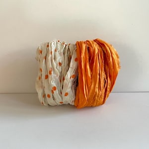 Sari Silk Ribbon - Recycled Sari Silk Ribbon - Cream With Orange Dots & Orange, 5 Yds Each, 10 Yds Total