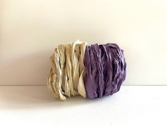 10 Yards Sari Silk Ribbon - Recycled Sari Silk Ribbon - Butter & Grape, 5 Yards Each