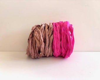 Wstążka jedwabna do sari – Wstążka jedwabna z recyklingu do sari – fioletoworóżowa i intensywnie różowa, 5 jardów każda, łącznie 10 jardów