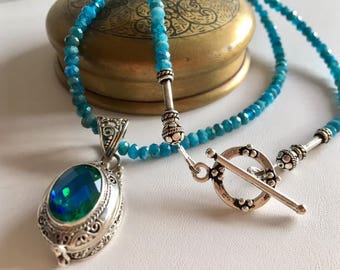 Apatite & Mystic Quartz Locket Pendant Necklace-Bali Silver Pendant