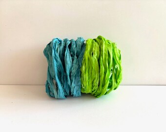 Sari Silk Ribbon - Recycled Sari Silk Ribbon - Ocean Blue and Lime, 5 Yards Each, 10 Yards Total