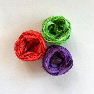 Recycled Sari Silk Ribbon - Sari Silk Ribbon Yardage - Orange, Lime & Purple 5 Yds Each, 15 Yds Total
