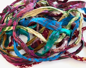 Multi Printed Sari Silk Ribbon - Recycled Sari Silk Ribbon - Multi Colored Sari Silk, 10 Yards