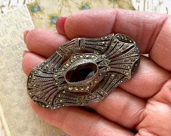 Sterling Marcasite & Garnet Pin - Vintage Marcasite Pin - Sterling Marcasite Brooch