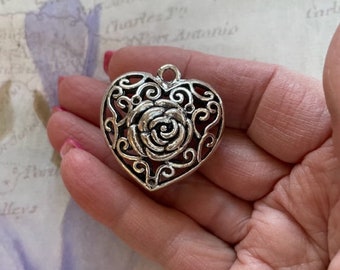 Filigree Puffy Heart Pendant - Two-Sided Pewter Heart Pendant - Jewelry Supplies