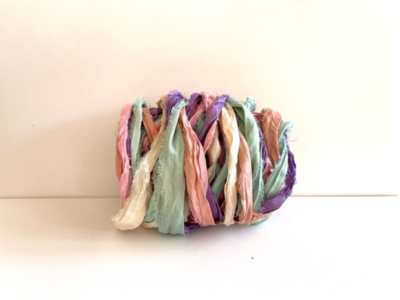 5 Color Sari Silk Sampler Recycled Multi Sari Ribbon Teal and Green, 2 Yds  Each, 10 Yds Total 