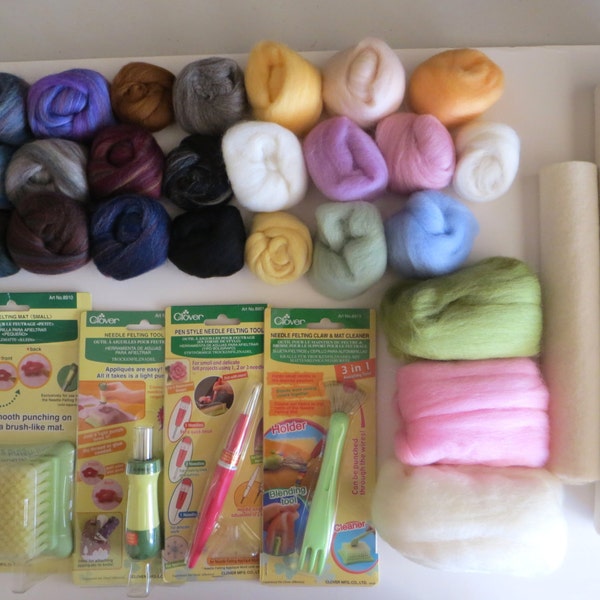 Needle Felting Kit - Four Tools, Wool Sheets & 8 oz Wool Roving