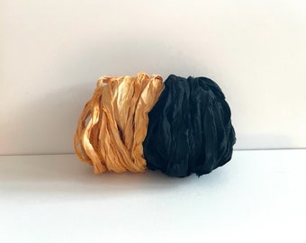 Sari Silk Ribbon - Recycled Sari Silk Ribbon - Gold and Black, 5 Yards Each, 10 Yards Total