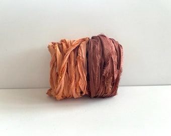 Sari Silk Ribbon - Recycled Sari Silk Ribbon - Terra Cotta & Chocolate Brown, 5 Yards Each, 10 Yards Total