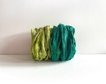 Sari Silk Ribbon - Recycled Sari Silk Ribbon - Leaf and Green, 5 Yards Each, 10 Yards Total