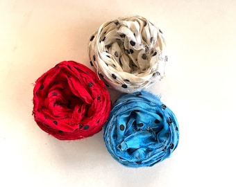 Sari Silk Ribbon - Recycled Silk Sari Ribbon - Red, White & Blue Dot, 5 Yds Each, 15 Yds Total