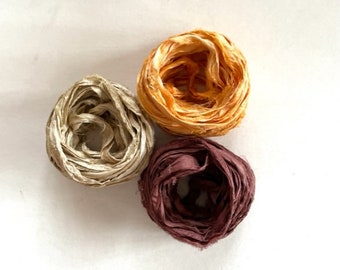 Sari Silk Ribbon - Recycled Sari Silk Ribbon - Khaki, Gold & Brown -  5 Yds Each, 15 Yds Total