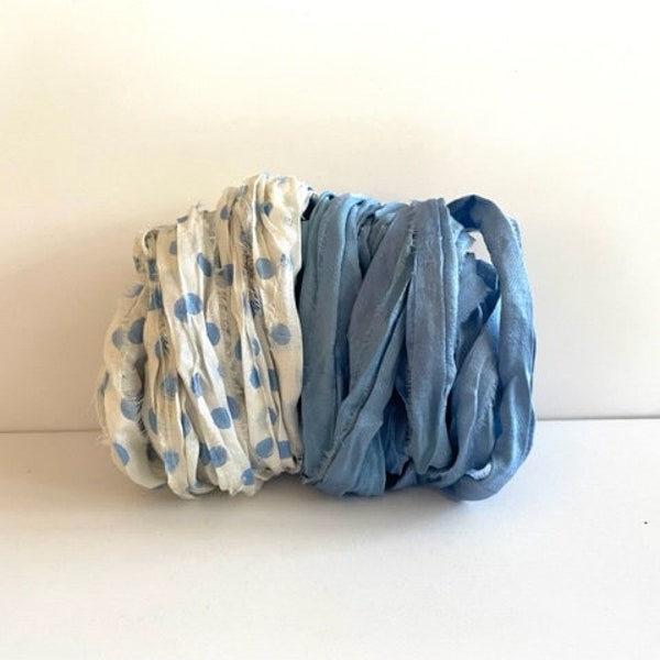Sari Silk Ribbon - Recycled Sari Silk Ribbon - Cream With Blue Dots & Blue, 5 Yds Each, 10 Yds Total