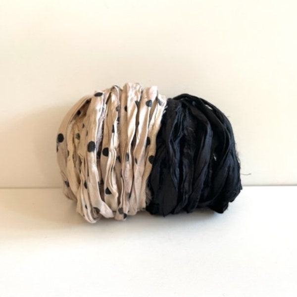 Sari Silk Ribbon - Recycled Sari Silk Ribbon - Sand Dot & Black, 5 Yds Each, 10 Yds Total