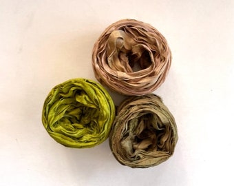 Sari Silk Ribbon - Recycled Sari Silk - Bright Olive, Khaki, Olive Green, 5 Yds Each, 15 Yds Total