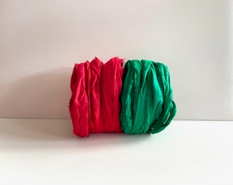 Sari Silk Ribbon -  Recycled Sari Silk Ribbon - Red & Green, 5 Yards Each Color, 10 Yards Total