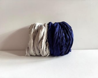 Sari Silk Ribbon - Recycled Sari Silk Ribbon - Light Blue Gray & Navy, 5 Yds Each, 10 Yds Total