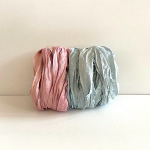 Sari Silk Ribbon - Recycled Sari Silk Ribbon - Light Pink & Baby Blue, 5 Yards Each, 10 Yards Total