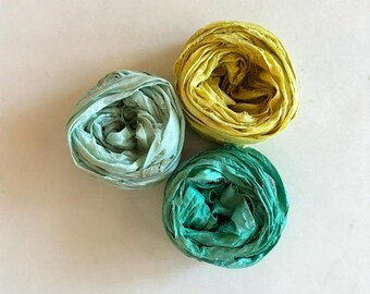 Sari Silk Ribbon - Recycled Sari Silk Ribbon - Seafoam, Yellow, Dark Mint, 5 Yds Each, 15 Yds Total