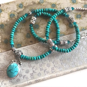 Beaded Turquoise Pendant Necklace - Turquoise & Sterling Necklace - Turquoise Jewelry