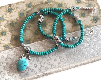 Turkoois hanger met kralen - Turkoois en sterling hanger ketting - turquoise sieraden