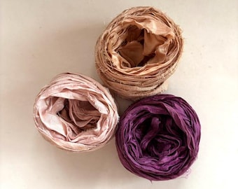 Recycled Silk Sari Ribbon - Sari Silk Ribbon Yardage - Vintage Pink, Sand & Plum, 5 Yds Each, 15 Yds Total