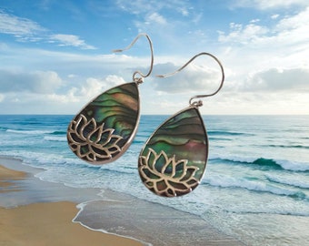 Abalone Lotus Flower Earrings -  Abalone & Sterling Lotus Earrings - Abalone Jewelry