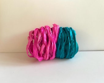 Silk Sari Ribbon - Recycled Sari Silk Ribbon - Hot Pink & Turquoise, 5 Yards Each, 10 Yards Total