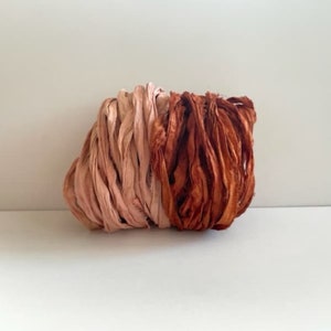 10 Yards Sari Silk Ribbon - Recycled Sari Silk Ribbon - Peach & Rust, 5 Yards Each
