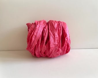 Sari Silk Ribbon - Salmon Pink Recycled Sari Silk- 10 Yards Sari Fiber Ribbon
