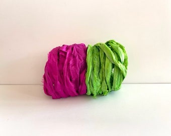 Sari Silk Ribbon - Recycled Sari Silk Ribbon - Dark Pink & Lime, 5 Yards Each, 10 Yards Total