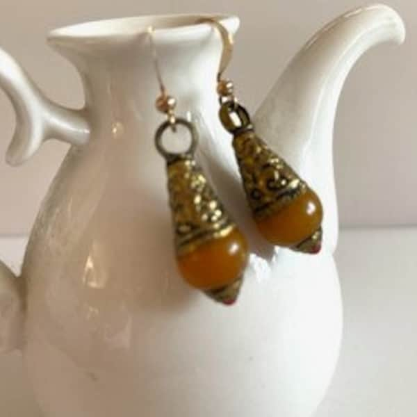 5.00 Dollar Earrings - Amber Resin & Antique Brass Earrings - Ethnic Earrings