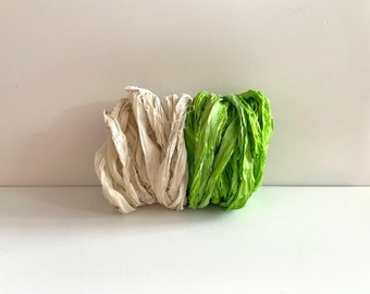 Sari Silk Ribbon - Recycled Sari Silk Ribbon - White & Lime, 5 Yards Each, 10 Yards Total