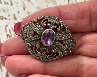 Vintage Markasit & Amethyst Anstecknadel - Sterling Silber Markasit Brosche - Art Deco Style Brosche