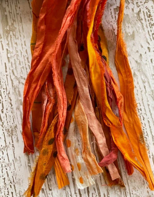 Red & Orange Sari Silk Ribbon Strips - Recycled Sari Silk Ribbon Strips For  Tassels - Shades of Red, Orange Sari Silk Printed Ribbon