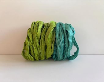 Silk Sari Ribbon - Recycled Sari Silk Ribbon - Leaf & Aqua, 10 Yds, Journaling Ribbon