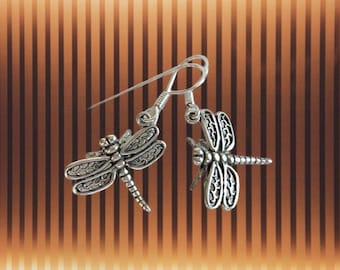 Silver Dragonfly Earrings - Sterling Silver Earrings - 3-D Dragonfly Jewelry
